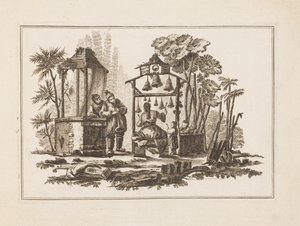 Figurspillende klokker, fra "Ny notesbog med seks ark med forskellige historiske kinesiske emner" af Jean Baptiste Pillement