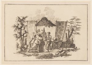 Figurer med en squash, fra "Ny notesbog med seks ark med forskellige historiske kinesiske emner" af Jean Baptiste Pillement