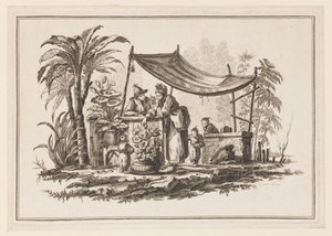 Figurer med en vase med blomster, fra "Ny notesbog med seks ark med forskellige historiske kinesiske emner" af Jean Baptiste Pillement