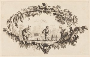 Tre figurer, der leger med en bold, fra "Samling af flere kinesiske børns spil" af Jean Baptiste Pillement