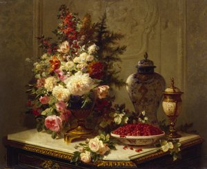 Stilleben med blomster og hindbær (olie på panel)