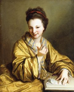 En ung dame, iført en gul kappe, siddende ved et bord, vinkende, 1703 af Jean Baptiste Santerre
