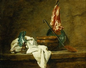 Roer, en krydderiæske, en karklud, en gryde, en glaseret fajancetallerken, en skimmer, med kød på en krog, på en afsats, 1734 af Jean Baptiste Simeon Chardin