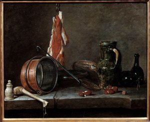 Fedt menu og køkkenredskaber. Stilleben. Maleri af Jean Baptiste Simeon Chardin (1699-1779) af Jean Baptiste Simeon Chardin
