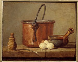 Køkkenredskaber, Cauldron, Poelon og Eggs Maleri af Jean Baptiste Simeon Chardin (1699-1779) fra det 18. århundrede Sun. 0,21 x 0,17 m af Jean Baptiste Simeon Chardin