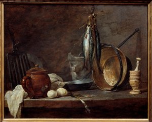 Menu af magert og køkkenredskaber. Stilleben. Maleri af Jean Baptiste Simeon Chardin (1699-1779) af Jean Baptiste Simeon Chardin