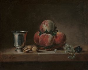 Stilleben med ferskner, en sølvpokal, druer og valnødder, ca. 1759-60 (olie på lærred)