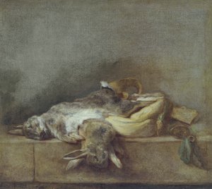 Stilleben med kaniner, en gamebag og et pulverhorn, ca. 1755 af Jean Baptiste Simeon Chardin