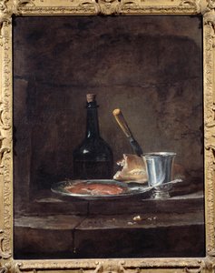 De apprets af en frokost siger også sølvbægeret. Maleri af Jean Baptiste Simeon Chardin (1699 - 1779) af Jean Baptiste Simeon Chardin