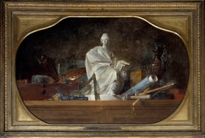 Attributter af Arts Allegory of the arts med billedhuggerværktøjer, statuette. Maleri af Jean Baptiste Simeon Chardin (1699-1779) 1765 søn. 0,91x1,45 m af Jean Baptiste Simeon Chardin