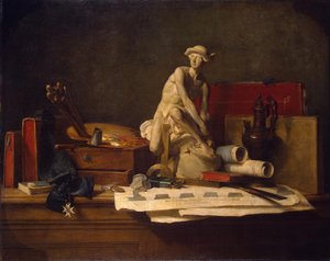 Fransk:  Nature morte avec des attributs des Arts Stilleben med kunstens attributter af Jean-Baptiste Simeon Chardin