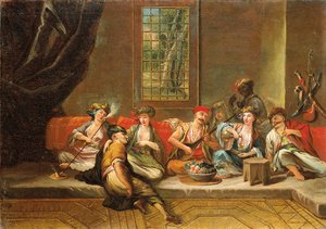 Græske sømænd hygger sig i et interiør af Jean Baptiste Vanmour