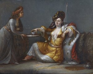 ""Sultana tager sin kaffe"" (Sultana tager kaffe) Maleri fra Jean Baptistes (Jean-Baptiste) Vanmours (Van Mour) skole (1671-1737) Privat samling af Jean Baptiste Vanmour