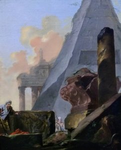 Tysk: Ruinen mit Pyramide
Fransk: Ruines avec la pyramide de Sextius af Jean Barbault