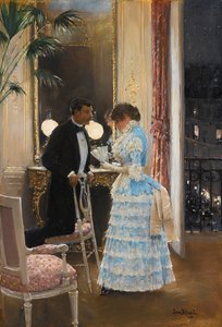 En samtale af Beraud, Jean (1849-1936). Olie på lærred, størrelse: 55,9x39,3, , Privat samling af Jean Beraud