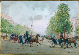 Busser på Champs Elysees, Paris (maleri på lærred) af Jean Beraud