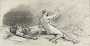Nøgen kvinde sidder med nøgen mand i søvn (recto); Kvindelig torso set bagfra (verso) af Jean Beraud
