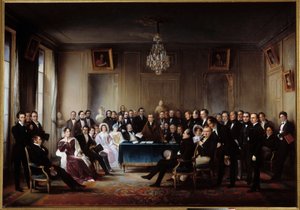 Digteren og dramatikeren Francois Guillaume Andrieux læser sin tragedie Junius Brutus “” i foyeren ved Comedie Francaise den 26/05/1828” Blandt gaverne Alexandre Dumas, Pierre Nicolas Michelot, Jean Francois Becquerel, Firmin, Victor Hugo, Eugene af Jean Beraud