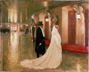 Abonnenterne - et elegant par går ind i en loge i Pariseroperaen (olie på lærred) af Jean Beraud