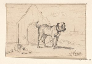 Hund i snor, der står foran sin kennel af Jean Bernard