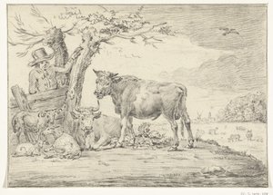Bonde stående ved et hegn med kvæg af Jean Bernard