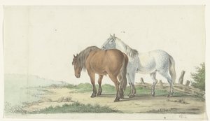 En brun og hvid hest på en vej ved siden af ​​et hegn af Jean Bernard