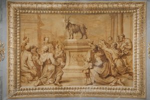 Falsk forgyldt relief med geden placeret på det historiserende alter og omgivet af tilbedende figurer.