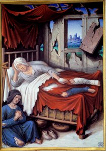 En fattig mands død. En kvinde ved sengen til en døende mand, bed. Maleri af Jean Bourdichon (v.1457-1521)