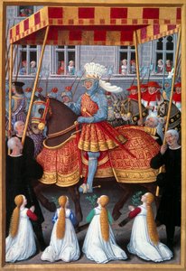 Kong Ludvig XIIs (1462-1515) triumferende indtog til Genes i april 1507 Miniature taget fra "Le voyage a Genes"" af Jean Marot (1450-1526) oplyst af Jean Bourdichon (1457-1521) 1508. Paris, B.N.