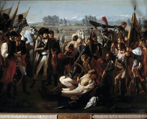 General Charles Antoine Desaix de Veygoux (1768-1800) død i slaget ved Marengo den 14/06/1800 under øjnene af Napoleon Bonaparte (1769-1821) Detalje. Maleri af Jean Broc (1771-1850) 1800-tallet. Svag. 3,2x4,5 m.