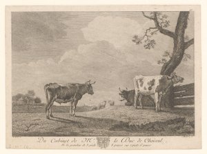 Tre køer på en eng Værker fra samlingen af ​​Étienne François de Choiseul (serietitel) Du kabinet af mr. le Duc de Choiseul (serietitel på objekt) af Jean Charles Baquoy