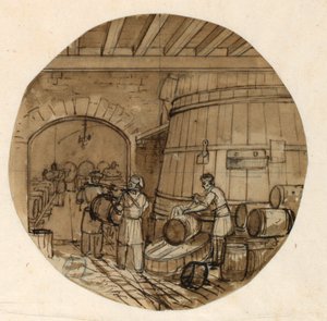 Design til en porcelænstallerken, bryggeriinteriør til Sevres Industrial Arts Service af Jean Charles Develly