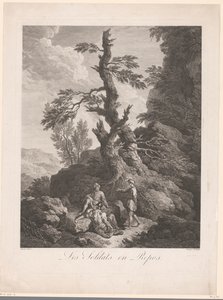 Soldater hviler foran et træ i et klippelandskab Les soldats en repos (titel på objekt) af Jean Charles Levasseur