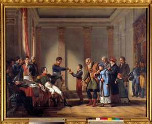 Velgørenhed af kejser Napoleon I (1769-1821) under det polske felttog i januar 1807: Kejser giver en pension på hundrede napoleoner til Nerocki, 117 år. Maleri af John Charles Tardieu (1765-1830) 1800-tallet søn. 1,15x1,46 m - Emp