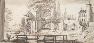 Rustik Scene med Mølle og Dam af Jean Chaufourier