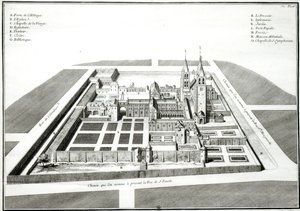 Udsigt over klosteret Saint-Germain-des-Pres før 1640, graveret af Antoine Herisset (1685-1769) af Jean Chaufourier