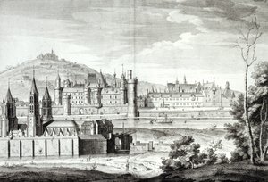 Udsigt over klosteret Saint-Germain-des-Pres, Louvre, Petit Bourbon, Montmartre og Seinen i 1410, indgraveret af Antoine Herisset (1685-1769) af Jean Chaufourier