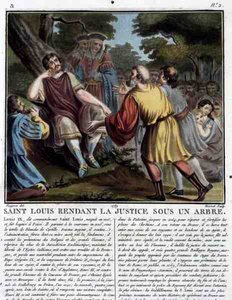 Saint Louis (1215-70) gør retfærdighed under et træ, graveret af Jean Baptiste Morret (fl. 1790-1820) 1789 (farvet gravering) af Jean Claude (after) Naigeon