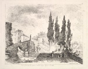 Udsigt over haverne ved Villa dEste i Tivoli, cyperns træer til højre, en trappe fører..., 1764. af Jean Claude Richard Saint Non