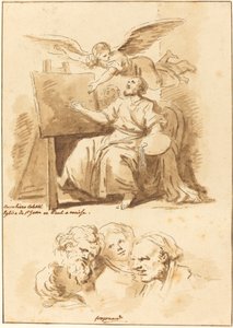Sankt Lukas ved sit staffeli og fire udtryksfulde hoveder af Jean Claude Richard de Saint Non after Jean Honoré Fragonard after Andrea Celesti