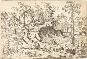 Putti leger i et fantasifuldt landskab af Jean Cousin the Younger