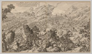 Battle at Aerchuer: fra Battle Scenes of the Quelling of Rebellions..., ca. 1765-1774, digt dateret 17
