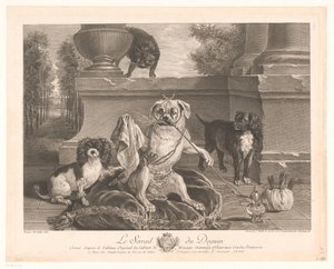 Tre hunde, en klædt ud på en terrasse Le Serrail du Doguin (titel på objekt)