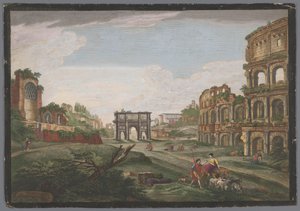 Udsigt over ruinerne af Konstantinbuen og Colosseum i Rom Rome ancienne (titel på objekt) af Jean Daullé