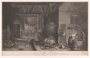 Interiør af et bondehus La Ménagere Flamande (titel på objekt) af Jean Daullé