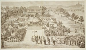 Kejser Qianlong modtager hyldest fra de erobrede Eleuths (tatariske kalmukker) plade 2 fra en serie af tryk, der forestiller den kinesiske kejsers erobringer, graveret af Jacques Philippe Le af Jean Denis Attiret