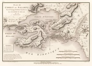 Plan for slaget ved Salamis Pour le Voyage du Jeune Anacharsis (Plan for slaget ved Salamis 480 f.Kr.) af Jean Denis Barbie du Bocage (1760-1825) fra Voyage du Jeune Anacharsis en Grece (Travels of Ana af Jean Denis Barbie du Bocage