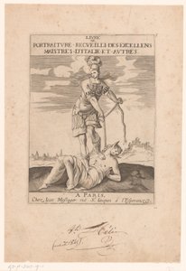 Minerva binder Stupidity med et reb Titelblad for: s.n., Livre de portraiture receuilli des excellens maistres d