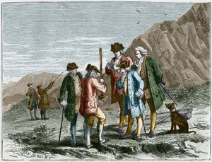 Florin Perier måler højden af Evangelista Torricellis eller Toricellis barometer (kviksølvrør) under eksperimentet med tyngdekraften af luften fra Blaise Pascal, på toppen af Puy de Dome (1648). Gravering af Yan Dargent.