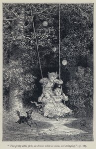 "To smukke små piger, i hvide kjoler som sne, svinger sig" (gravering)